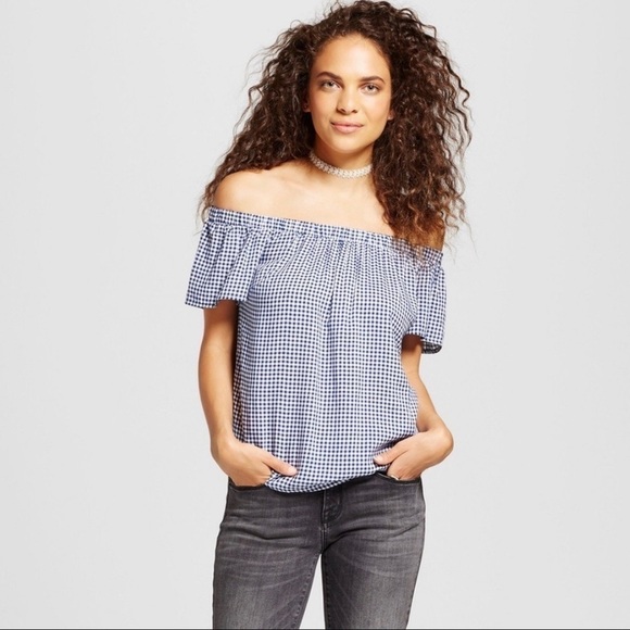 Mossimo Y2K Target Navy Blue Gingham Plaid Picnic Off the Shoulder Blouse Small - Picture 1 of 14